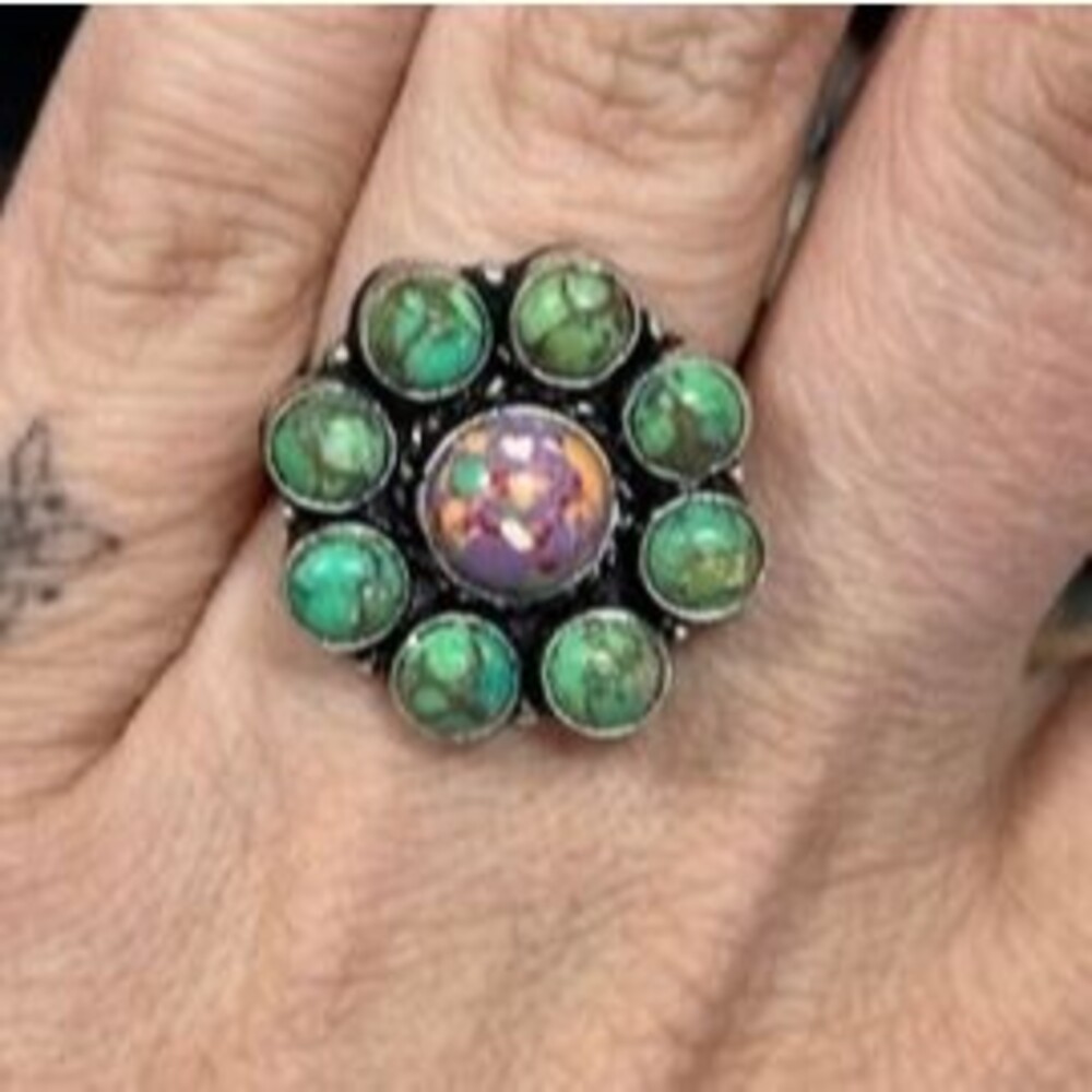 Green Apple & Mosaic Turquoise Cluster Flower Sterling Overlay Ring Size 8